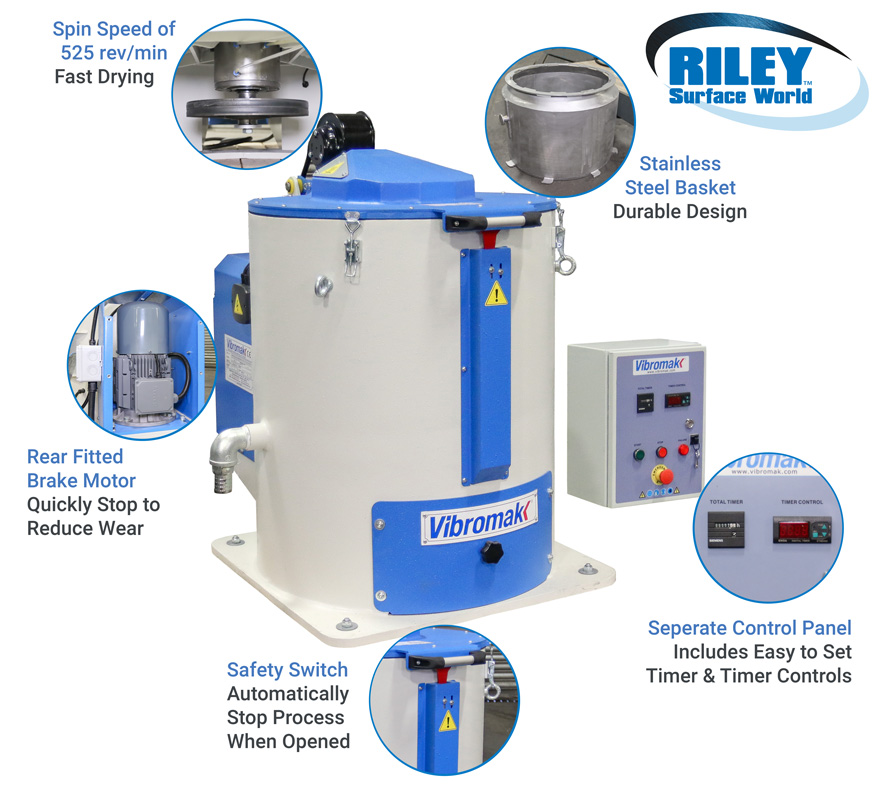 A brand-new centrifugal parts dryer designed for fast, efficient drying - featuring a perforated basket within a 525 rev/min rotating drum and a powerful lid-mounted fan that circulates hot air through the load for rapid, even results.