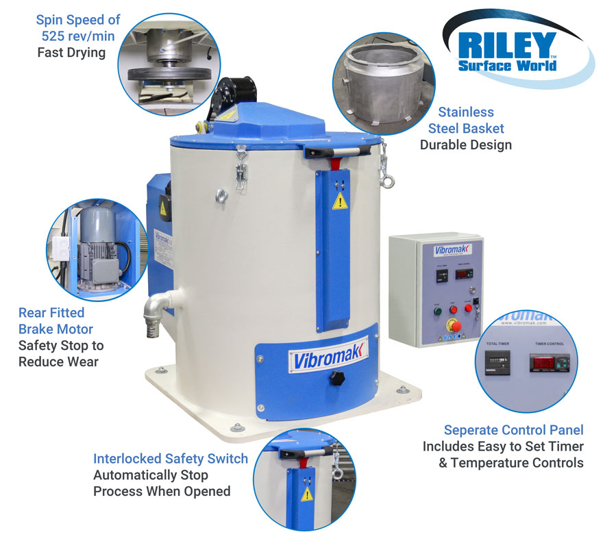 A brand-new centrifugal parts dryer designed for fast, efficient drying - featuring a perforated basket within a 525 rev/min rotating drum and a powerful lid-mounted fan that circulates hot air through the load for rapid, even results.