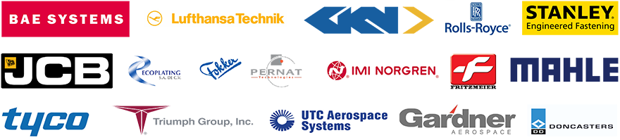 BAE Systems, Lufthansa Technik, GKN, Rolls-Royce, Stanley Engineered Fastening, JCB, Ecoplating SA, Fokker, Pernat Technologies, IMI Norgren, Fritzmeier, Mahle, Tyco, Triumph Group Inc, UTC Aerospace, Gardner Aerospace, Doncasters Engineering